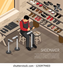 Shoe maker during work on background of shelves with foot wear isometric vector illustration