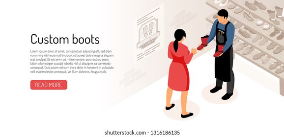 Shoe maker with his customer at work shop isometric vector illustration