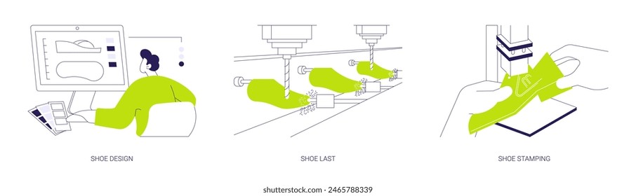 Schuhherstellung abstraktes Konzept Vektorillustration Set. Schuhdesign, Schuhleisten- und Stiefellederprägung, Herstellung und Branding von Sneakers, abstrakte Metapher der Schuhmacherkarriere.