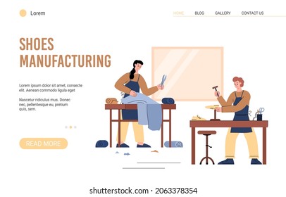 Banner web de fabricación de zapatos en taller en ilustración de vector plano aislado en fondo blanco. El zapatero con martillo en las manos hace zapatos, cortes de tela con tijeras