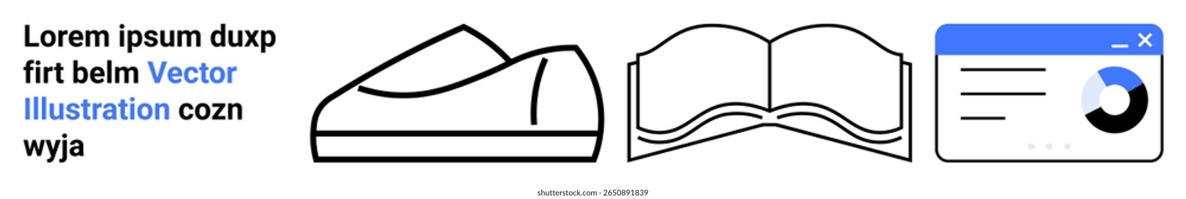 Shoe, open book, and chart icons with a snippet of placeholder text. Ideal for educational content, e-commerce, bookstores, data analysis presentations, online courses, business reports