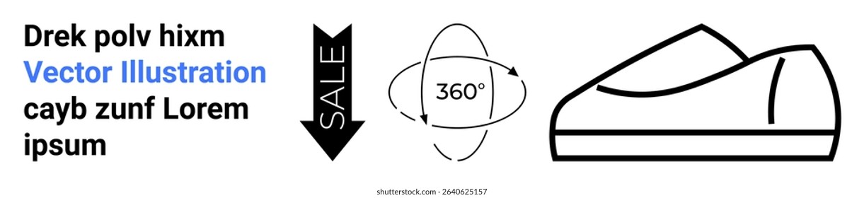 Shoe outline and black SALE tag highlight product promotion. Full-view 360 rotation symbol. Ideal for ecommerce, fashion, footwear shops, sales, product displays, online stores, modern design