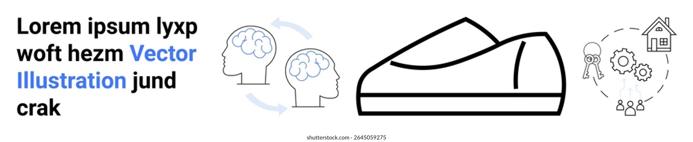 Contorno do sapato, ícone de troca de processo cognitivo com cabeças e setas, e um ícone de automação residencial com engrenagens e casa. Ideal para tecnologia, inovação, moda, comunicação, ciência cognitiva