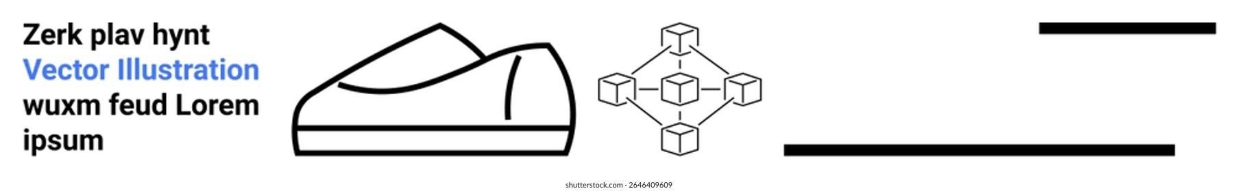 Shoe outline, network structure with nodes, bold horizontal lines, and placeholder text. Ideal for footwear design, digital networks, minimalism, vector art, tech diagrams, typography, and abstract