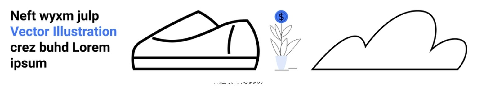 Shoe outline, simple plant with dollar sign, cloud shape, and placeholder text. Ideal for minimalist design, vector art, fashion elements, nature representation, eco-friendly themes, financial growth