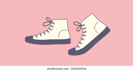 Shoe pair, boot, footwear. Canvas shoes. Vintage. Сolor fashion style high-top and low-top sneakers casual collection.lace-up shoe walking.Shoemaker, cobbler.Colorful isolated flat vector illustration