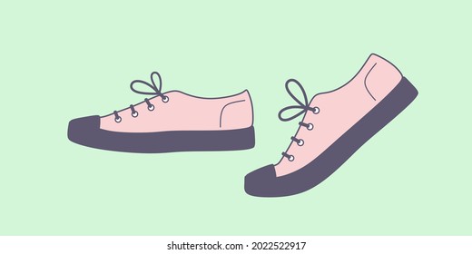 Shoe pair, boot, footwear. Canvas shoes. Vintage. Сolor fashion style high-top and low-top sneakers casual collection.lace-up shoe walking.Shoemaker, cobbler.Colorful isolated flat vector illustration