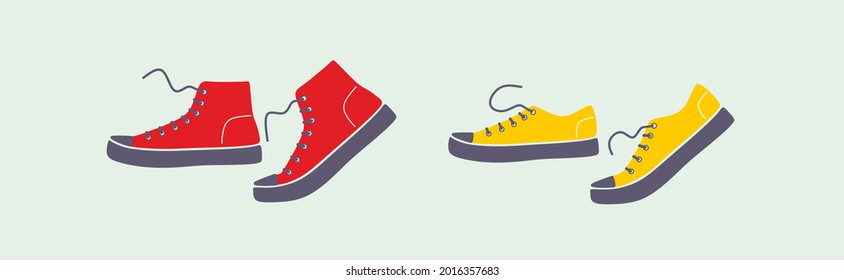 Shoe pair, boot, footwear. Сolor fashion style high-top and low-top sneakers casual collection. lace-up shoe walking. Bootmaker, shoemaker, cobbler. Colorful isolated flat vector illustration.