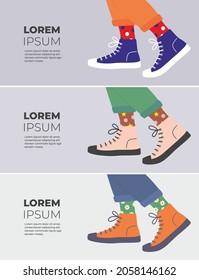 Shoe pair, boots, footwear banner set. Canvas shoes. Feet legs walking in sneakers with colored socks and jeans. High-top and low-top sneakers. Lace-up shoes. Color Isolated flat vector illustration.