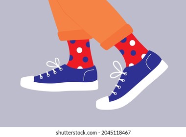 Shoe pair, boots, footwear. Canvas shoes, sneakers with colored socks and jeans. Сolor fashion style high-top and low-top sneakers. Lace-up shoes. Walking. Colorful isolated flat vector illustration. 