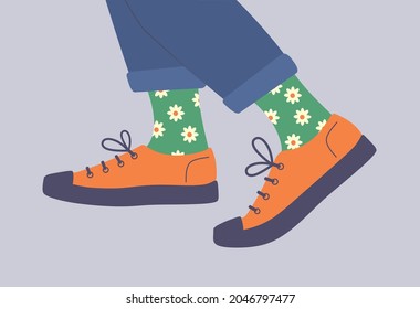 Shoe pair, boots, footwear. Canvas shoes, sneakers with colored socks and jeans. Сolor fashion style high-top and low-top sneakers. Lace-up shoes. Walking. Colorful isolated flat vector illustration.