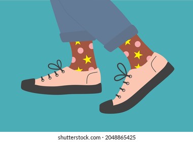 Shoe pair, boots, footwear. Canvas shoes. Legs in sneakers with colored socks and jeans. Fashion style high-top and low-top sneakers. Lace-up shoes. Walking.Color Isolated flat vector illustration. 