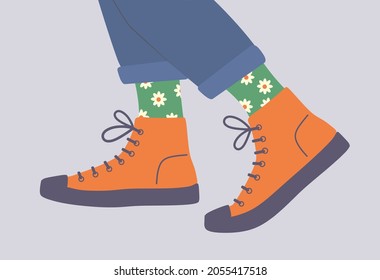 Shoe pair, boots, footwear. Canvas shoes. Feet legs walking in sneakers with colored socks and jeans. Fashion style high-top and low-top sneakers.Lace-up shoes. Color Isolated flat vector illustration