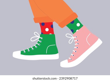 Shoe pair, boots, footwear. Canvas shoes. Feet legs walking in sneakers with colored socks and jeans. Fashion style high-top and low-top sneakers.Lace-up shoes. Color Isolated flat vector illustration