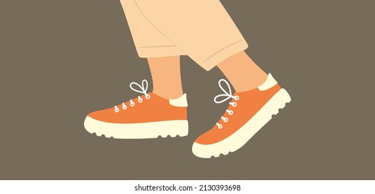 Shoe pair, boots, footwear. Sneakers shoes. Female or male in jeans walking in sneakers. Fashion style high-top and low-top sneakers. Lace-up shoes. Color Isolated flat vector illustration