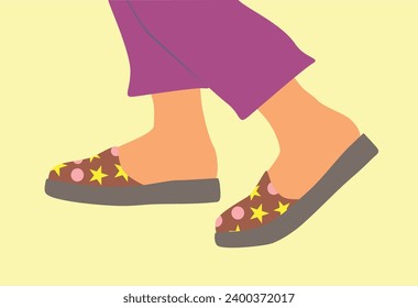 Shoe pair, slippers, flip flops, footwear. Feet with pants walking in flip flops.Fashion style print colored slippers, flip flops.Summer outdoor or indoor shoes.Color Isolated flat vector illustration