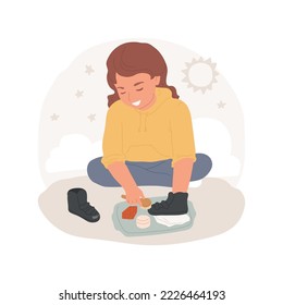 Shoe polishing isolated cartoon vector illustration. Teaching child self-care, shoe polishing kit for kids, preschool activity, montessori practical life exercise, manual skill vector cartoon.