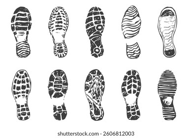 Shoe print boot, foot step silhouette mark. Boot Print textured, grunge. Mountain boot, hiking imprint.
