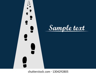 Shoe print on the road going into the distance. Vector illustration of human steps, footprints with space for text.