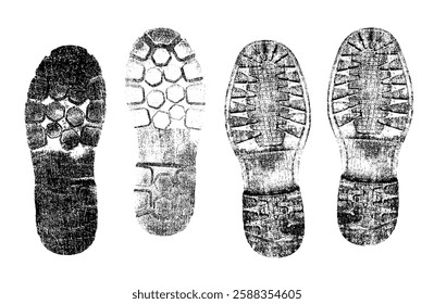 Shoe print set, black silhouette on snow, distressed, uneven, isolated. Dirt splash grunge texture. Vector print texture. Grunge design element. Shoes foot printing icon symbol vector set.