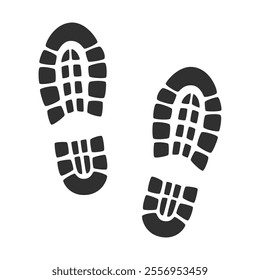 Shoe prints. Black boots footprints silhouettes. Human steps traces. Vector illustration isolated on white background.