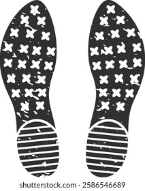 Shoe prints with a distinctive pattern of crosses and horizontal lines are imprinted on a surface, possibly indicating a moment of stillness or pause