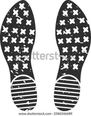 Shoe prints with a distinctive pattern of crosses and horizontal lines are imprinted on a surface, possibly indicating a moment of stillness or pause