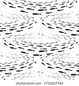 Estampados de zapatos sobre fondo blanco. Las botas humanas imprimen un patrón sin costuras. Pasos trazos negros en el suelo. Personas caminando. Huellas que siguen la ruta. Sellos de calzado de trekking. Vector Fondo de pantalla repetido