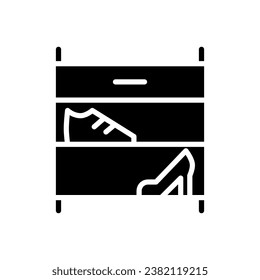 Shoe rack black glyph icon. Footwear storage organizer. Modern contemporary home furniture store. Shelving, cabinet. Silhouette symbol on white space. Solid pictogram. Vector isolated illustration