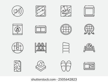 shoe rack and cabinet line icon set with material and benefits illustration.