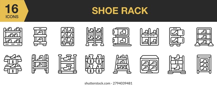 Shoe Rack icon set. Includes storage furniture, footwear organization, home accessories, household solutions, and more. Outline icons vector collection.