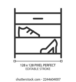 Shoe rack pixel perfect linear icon  Footwear storage organizer  Modern contemporary home furniture store  Shelving  Thin line illustration  Contour symbol  Vector outline drawing  Editable stroke
