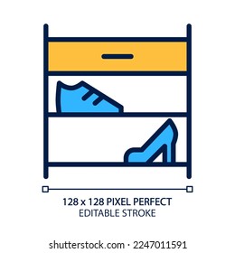 Shoe rack pixel perfect RGB color icon  Footwear storage organizer  Modern contemporary home furniture store  Shelving  Isolated vector illustration  Simple filled line drawing  Editable stroke
