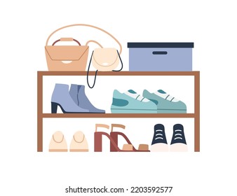 Shoe rack, shelf for storage. Footwear bench, organizer with wood tiers. Women heeled and sport foot wear, bags, accessories in wardrobe. Flat vector illustration isolated on white background