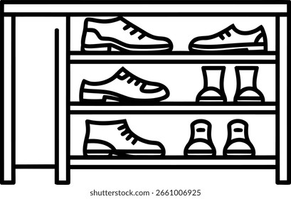 Una ilustración meticulosamente dibujada muestra un estante de zapatos ordenado. Perfecto para temas de organización, hogar o almacenamiento.