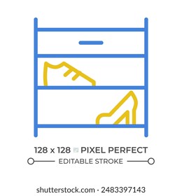Shoe rack two color line icon. Modern home. Footwear storage. Entryway furniture. Furniture store bicolor outline symbol. Duotone linear pictogram. Isolated illustration. Editable stroke