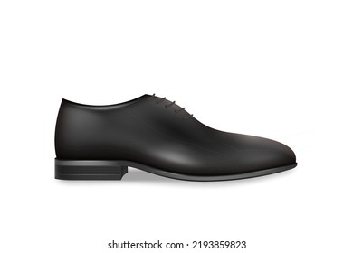 Shoe realistic. Stylish black men oxford boot on shoelace isolated on white background. Classic male outfit element icon, side view. 3d vector illustration