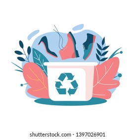 Shoe recycling Trash can among the flowers. The shoe falls into the container. Old shoes, women's and men's shoes. Zero waste. Recyclable sign. Flat Vector Illustration