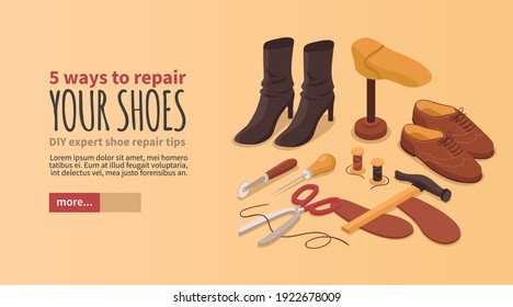 Shoe repair boutique tips info online service horizontal web page banner with classic shoemaker accessories vector illustration 