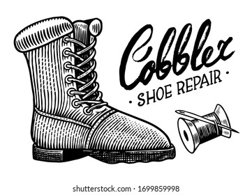 Shoe repair concept. Cobbler or shoemaker background. Vintage label. Hand drawn engraved sketch for T-shirt, logo or badges.