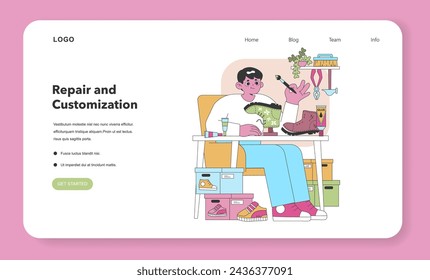 Shoe repair and customization set. Creative reuse in secondhand fashion. DIY footwear renovation. Sustainable living practice. Vector illustration.