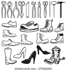 Shoe repair design elements. Tools for shoe repair. Shoes. Vector illustration