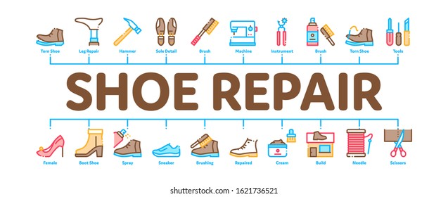 Shoe Repair Equipment Minimal Infographic Web Banner Vector. Shoes Repair Tools And Scissors, Sewing Machine And Hammer, Cream And Brush Concept Illustrations