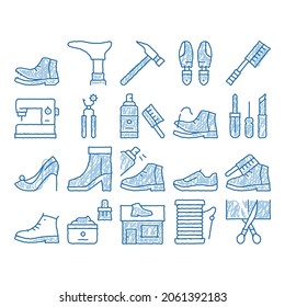 Shoe Repair Equipment Sketch Icon Vector. Hand Drawn Blue Doodle Line Art Shoes Repair Tools And Scissors, Sewing Machine And Hammer, Cream And Brush Illustrations