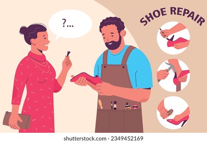 Shoe repair flat colored composition with the scene with the woman who came to the repairman with a broken shoe heel vector illustration