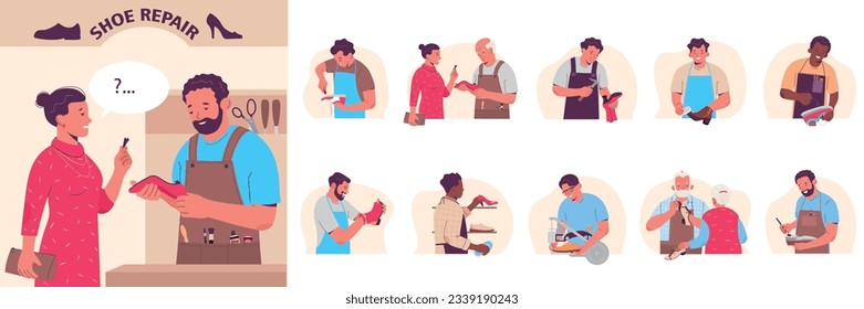 Shoe repair flat composition set with customers work tools repair men and shoes vector illustration