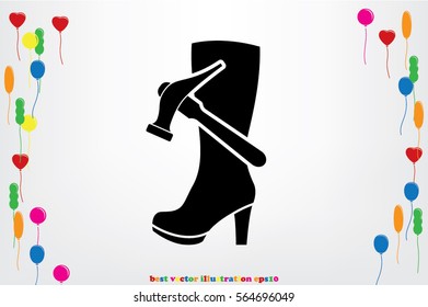 Shoe repair icon vector illustration eps10. Women boots and a hammer to sign the web site or app.