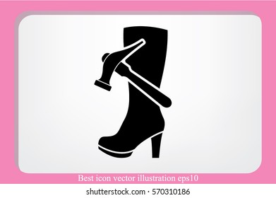 Shoe repair icon vector illustration eps10. Women boots and a hammer to sign the web site or app.