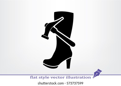 Shoe repair icon vector illustration eps10. Women boots and a hammer to sign the web site or app.