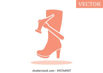 Shoe repair icon vector illustration eps10. Women boots and a hammer to sign the web site or app 